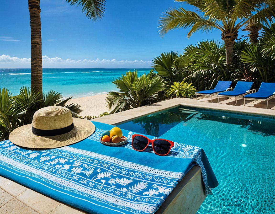 A stylish poolside scene featuring vibrant beach accessories such as a colorful sunhat, trendy sunglasses, a chic beach towel, and a fashionable beach bag. Include a shimmering pool in the background with palm trees and bright blue skies to create a relaxing atmosphere. Elements should be arranged aesthetically to showcase luxury and leisure. super-realistic. bright colors. tropical vibe.