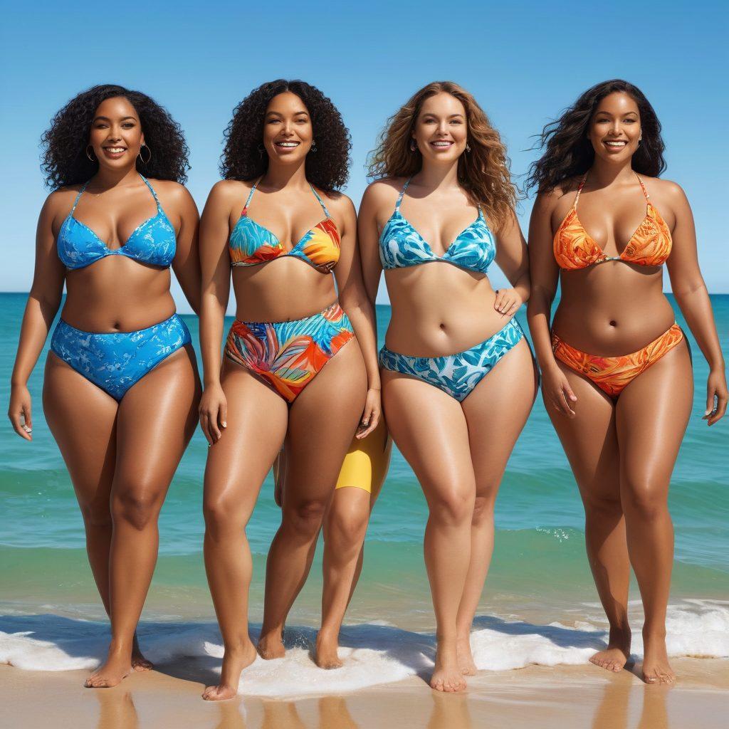 A diverse group of women showcasing various bikini styles that flatter their different body types, smiling and enjoying a sunny beach setting, each wearing bright and stylish swimsuits that highlight their unique shapes. The background includes soft waves and a clear blue sky, creating a vibrant summer vibe. The scene should radiate confidence and joy, emphasizing body positivity. super-realistic. vibrant colors. sunny beach setting.